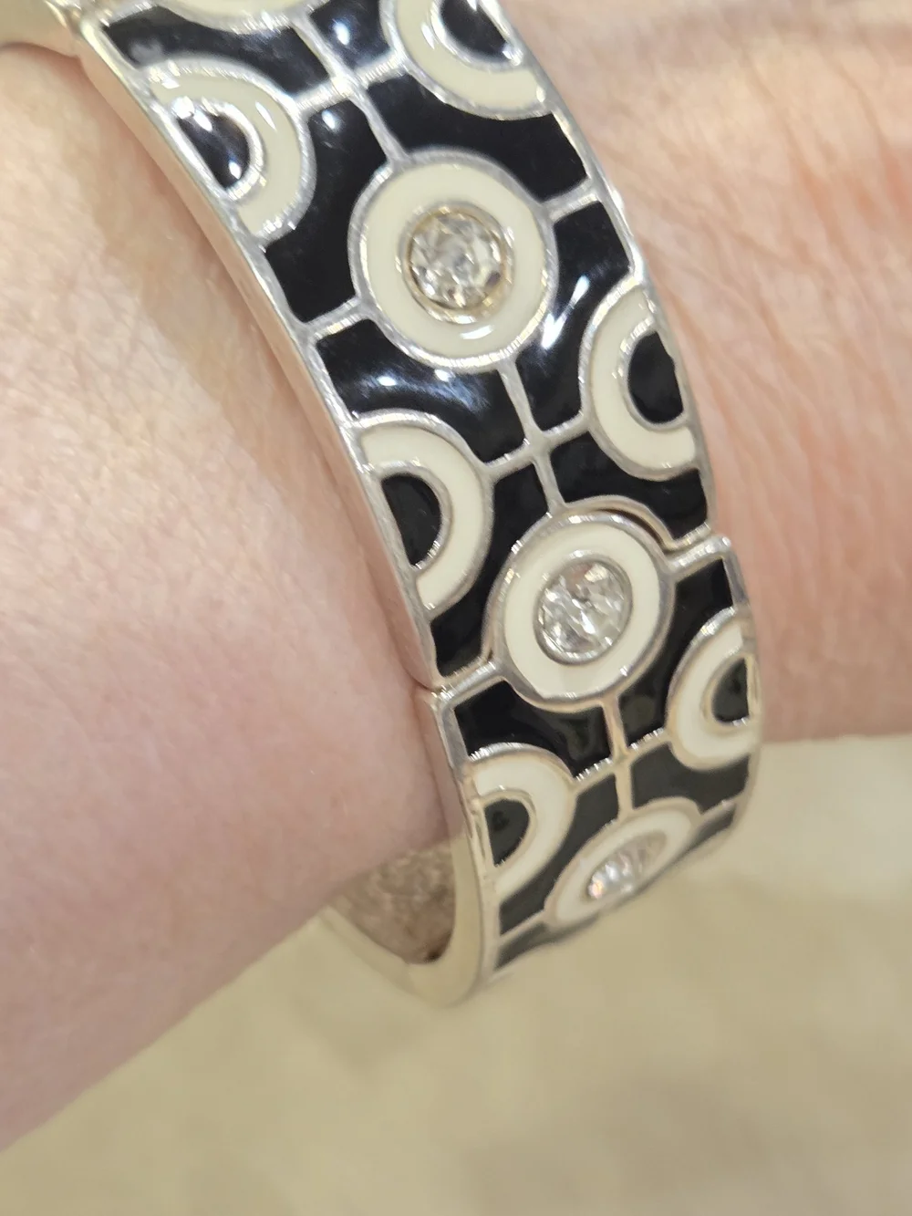 Black and White Enamel Geometric Mod Bracelet with Crystal Accents